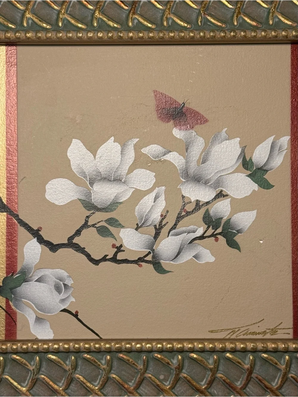 Vintage Original Signed Oil Painting Magnolia Branch Butterfly Floral Framed
